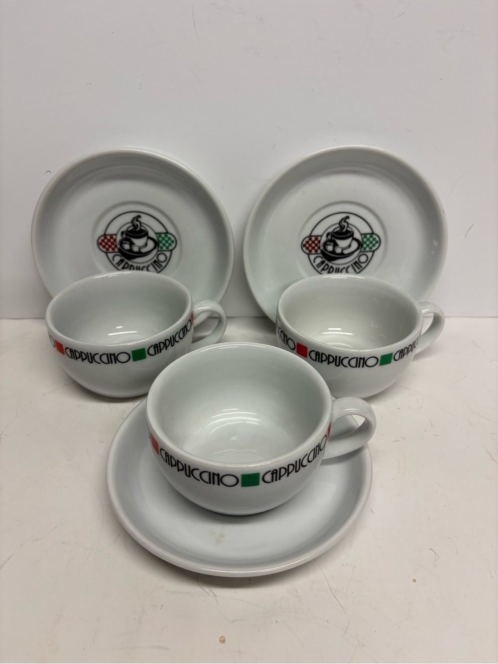 Cappuccino Espresso Cups with Saucers - White with Red & Green Accents Set of 3 - Picture 1 of 12